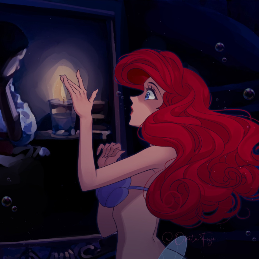1girl ariel_(disney) bare_arms blue_eyes bra bubble candle curly_hair disney fire flame highres mermaid monster_girl okitafuji outstretched_hand painting_(object) red_hair shell shell_bikini solo stomach the_little_mermaid underwater underwear