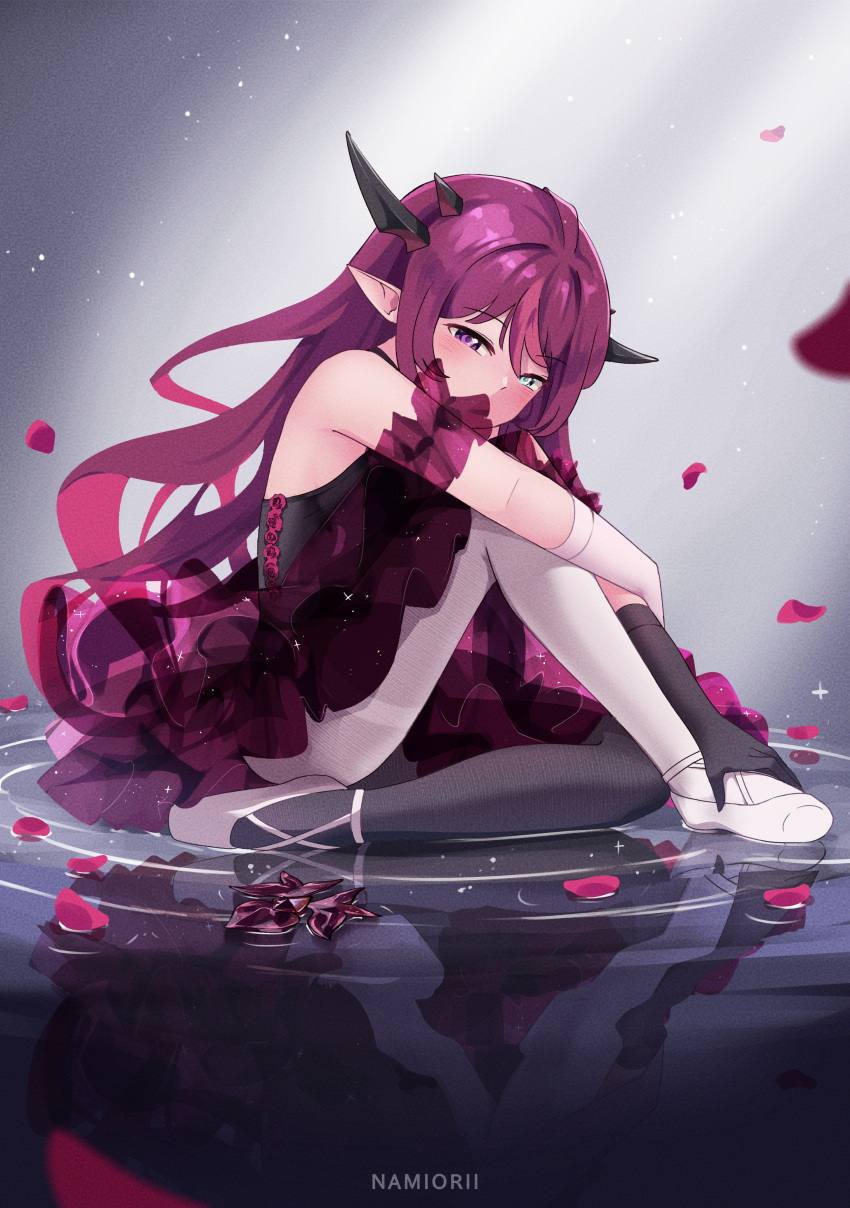 1girl absurdres asymmetrical_legwear ballerina ballet_slippers bangs bare_shoulders blue_eyes dress gloves heterochromia highres hololive hololive_english horns irys_(hololive) long_hair mismatched_legwear multiple_horns namiorii pantyhose pointy_ears purple_eyes purple_hair solo thighhighs tutu very_long_hair virtual_youtuber