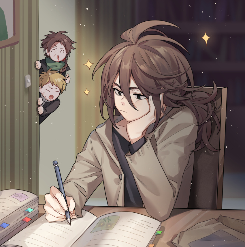 3boys :o ^_^ atou_haruki black_jacket black_shirt blood blood_from_mouth book braid brown_hair brown_jacket chair chibi chibi_inset closed_eyes closed_mouth desk elbow_on_table green_eyes green_scarf hand_on_own_cheek hand_on_own_face harada_minoru highres holding holding_pencil indoors isoi_reiji jacket light_particles light_switch long_hair male_focus mechanical_pencil multiple_boys naku_(naku999ziye) open_book open_clothes open_jacket open_mouth peeking_out pencil ribbed_sweater saibou_shinkyoku scarf shirt short_hair side_braid sitting solo_focus sparkle studying surprised sweater thick_eyebrows thumbs_up turtleneck turtleneck_sweater v-shaped_eyebrows white_sweater writing