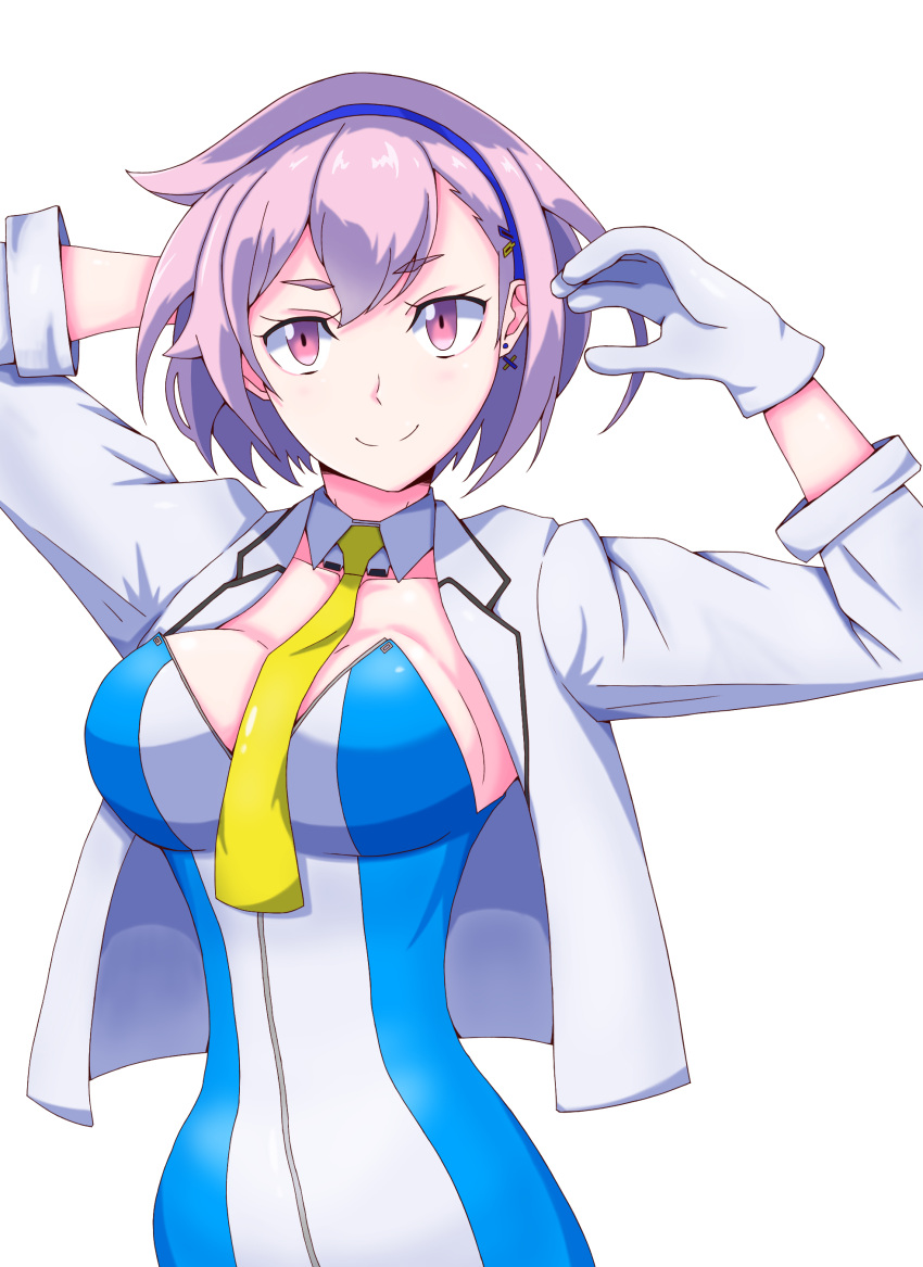 1girl absurdres arm_behind_head blue_dress blue_hairband breasts daimon_meguru detached_collar dress gloves hairband highres jacket looking_at_viewer medium_breasts necktie pink_eyes pink_hair sh1ge short_hair smile solo super_robot_wars super_robot_wars_dd upper_body white_background white_gloves white_jacket yellow_necktie