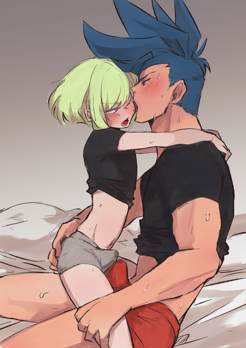 2boys androgynous aus_vaka black_shirt blue_eyes blue_hair blush bulge galo_thymos green_hair grey_male_underwear hand_on_another's_ass hand_on_another's_leg highres licking licking_another's_face lio_fotia male_focus male_underwear mohawk multiple_boys open_mouth promare red_male_underwear shirt short_hair sidecut sidelocks sitting size_difference spiked_hair straddling sweat underwear yaoi
