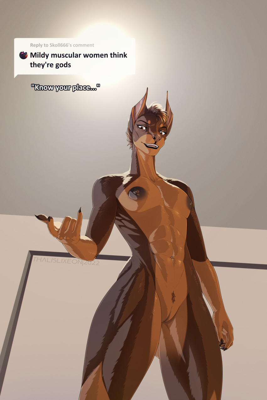 5_fingers abs amber_eyes anthro areola athletic barbell_piercing black_areola breasts brown_body brown_fur canid canine canis dark_areola dark_nipples digital_drawing_(artwork) digital_media_(artwork) dobermann domestic_dog english_text female fingers fitness fur genitals hi_res looking_at_viewer looking_down mammal mohawk muscular muscular_female navel navel_piercing nipples nude nuria_bernat piercing pinscher prick_ears pubes pussy solo text thalislixeon thick_thighs trainer