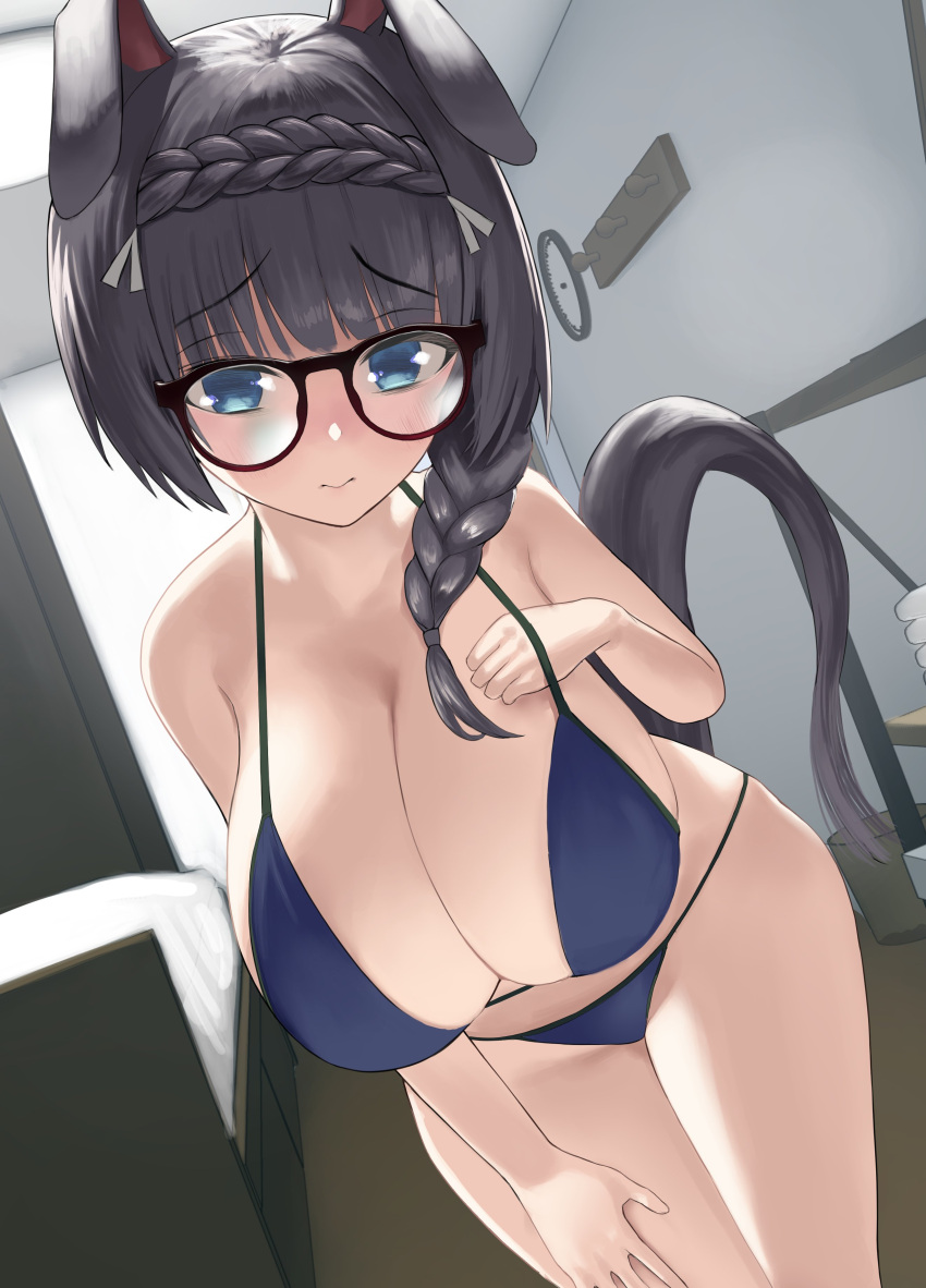 1girl absurdres animal_ears bangs bikini black_bikini blue_bikini blue_eyes blush braid breasts cleavage dutch_angle eyebrows_visible_through_hair gen_(black_factory) glasses hair_ornament hairclip highres huge_breasts indoors long_hair looking_at_viewer rabbit_ears solo swimsuit thighs twin_braids umamusume zenno_rob_roy_(umamusume)