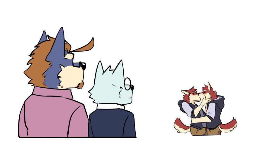 16:9 absurd_res anthro blue_body blue_fur brown_hair canid clothing eyes_closed eyewear fur glasses group hair hi_res hoodie humor kissing male male/male mammal ookanyoufeelit red_body red_fur selfcest simple_background square_crossover topwear white_background widescreen