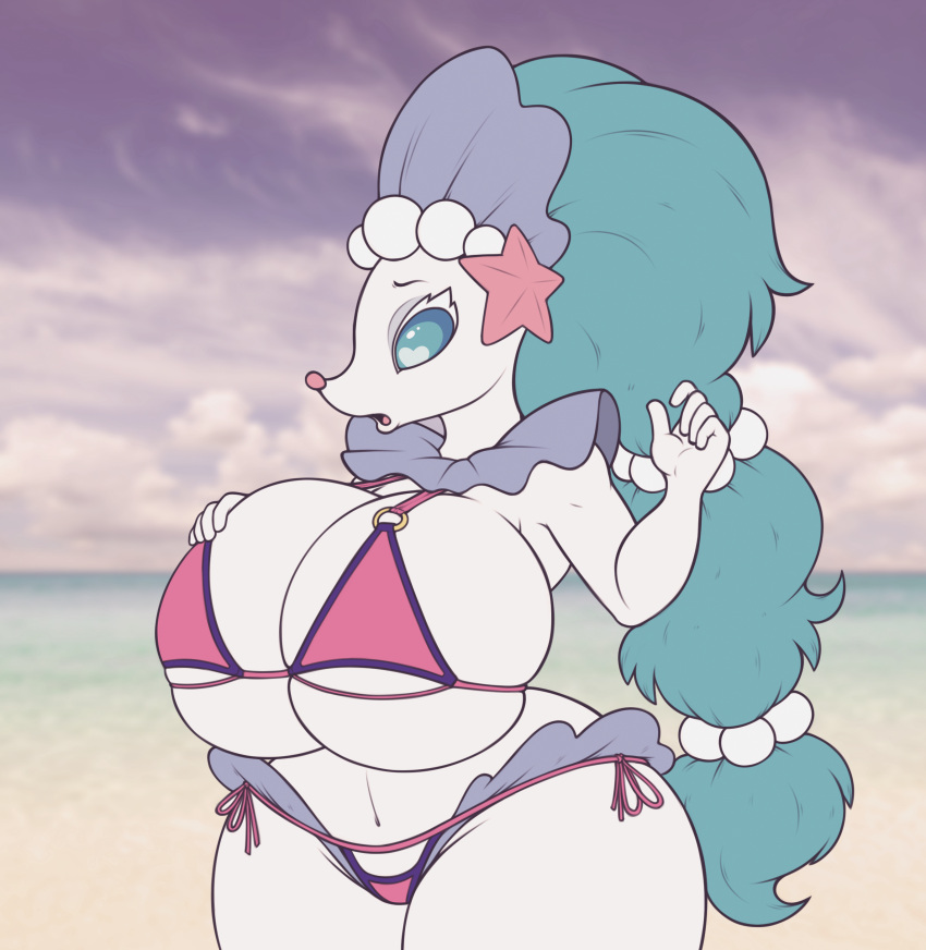 &lt;3 &lt;3_eyes absurd_res anthro barely_contained beach big_breasts bikini breasts clothing cloud eyebrows female hi_res huge_breasts looking_at_own_breasts looking_at_self looking_down nintendo open_mouth pink_bikini pink_clothing pink_swimwear pok&eacute;mon pok&eacute;mon_(species) primarina raised_eyebrows seaside solo stunnerpony swimwear video_games worried