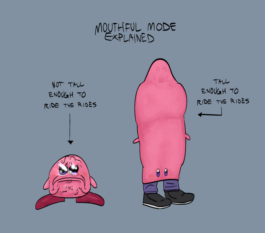 alien anthro clothing duo english_text footwear grey_background hi_res human humor kirby_(series) kirby_and_the_forgotten_land male mammal nightmare_fuel nintendo phillip-banks pink_body pink_skin sad shoes simple_background text video_games vore