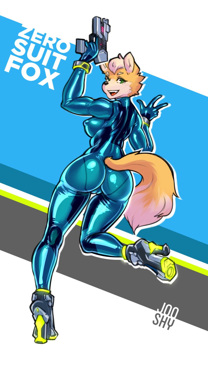 absurd_res anthro big_breasts blue_latex blue_rubber bodysuit breasts camel_toe canid canine canis clothing crossgender female fluffy fluffy_tail fox fox_mccloud fur glowing glowing_markings green_eyes happy hi_res high_heels holding_object holding_weapon jooshy latex latex_clothing looking_at_viewer mammal markings metroid mtf_crossgender nintendo nipple_outline on_one_leg one_leg_up open_mouth raised_leg ranged_weapon rubber rubber_clothing rubber_suit simple_background skinsuit solo standing star_fox text tight_clothing video_games weapon yellow_body yellow_fur zero_suit