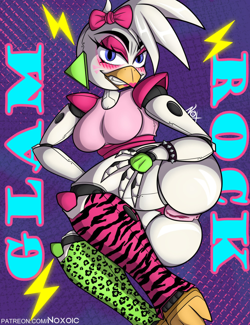 absurd_res animatronic anthro anus avian beak bird blue_eyes blush breasts chicken claws clothed clothing female five_nights_at_freddy's five_nights_at_freddy's:_security_breach galliform gallus_(genus) genitals glamrock_chica_(fnaf) hair hi_res lipstick machine makeup noxoic open_mouth open_smile partially_clothed phasianid pussy robot scottgames smile solo teeth video_games white_body white_hair