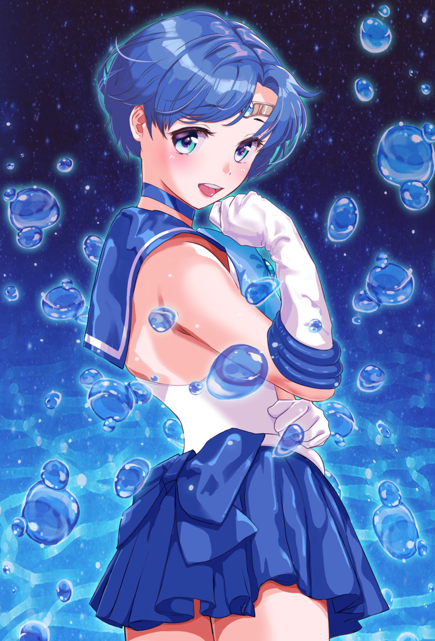 1girl absurdres arion_canvas bishoujo_senshi_sailor_moon blue_choker blue_eyes blue_hair blue_sailor_collar blue_skirt bow choker elbow_gloves gloves highres jewelry looking_at_viewer looking_back magical_girl mizuno_ami pose sailor_collar sailor_mercury sailor_senshi_uniform short_hair skirt smile solo tiara white_gloves