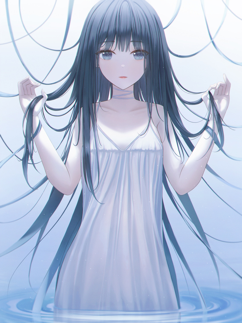 1girl absurdres bangs black_hair blue_eyes blunt_bangs choker commentary dress eyebrows_visible_through_hair facing_viewer hands_up highres holding holding_hair long_hair on_water original solo summer_uniform white_choker white_dress youngsok