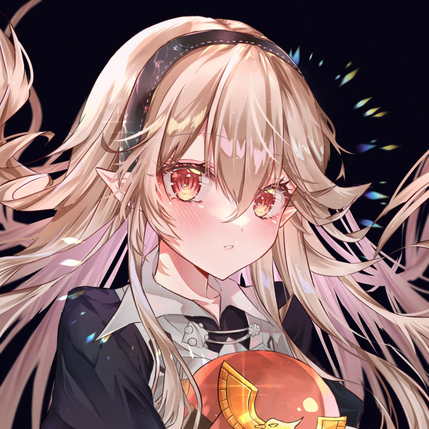 1girl black_background blush captain_falcon corrin_(fire_emblem) corrin_(fire_emblem)_(female) f-zero fire_emblem fire_emblem_fates grey_hair headband helmet highres iam_ciikawa long_hair looking_at_viewer parted_lips pointy_ears red_eyes super_smash_bros.