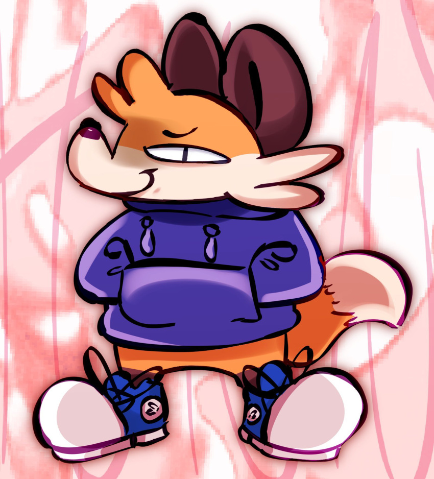 abstract_background anthro black_nose bottomless canid canine chibi clothed clothing dipstick_tail footwear fox fur hand_in_pocket hi_res hoodie leg_markings looking_at_viewer male mammal markings orange_body orange_fur pockets pupils salamikii shoes slit_pupils smile smug sneakers socks_(marking) solo soups_(superiorfox) standing tail_markings topwear