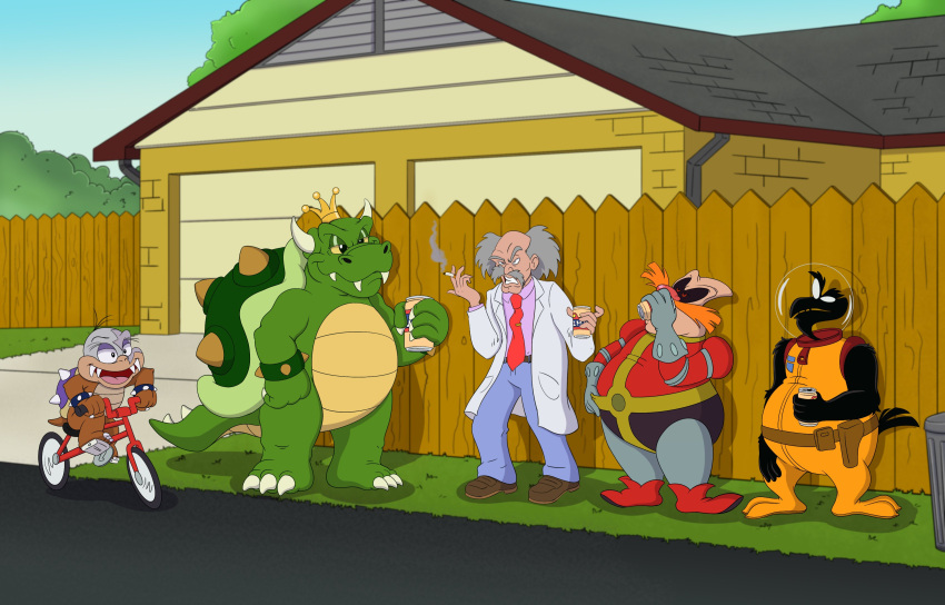 2022 absurd_res anthro being_watched beverage bicycle bowser can cigarette clothing container crossover crown day dr._eggman dr._wily earthworm_jim_(series) footwear grass group hair hi_res human king_koopa king_of_the_hill koopaling looking_at_another male mammal mario_bros morton_koopa_jr. nintendo parody plant psy-crow scalie scottforester17 sega sky smoke sonic_the_hedgehog_(series) video_games