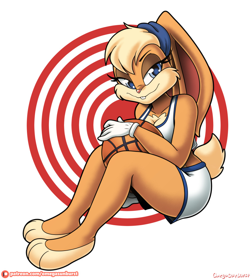 2022 3_toes absurd_res anthro ball barefoot basketball_(ball) basketball_uniform blonde_hair blue_eyes bottomwear breasts buckteeth cleavage clothed clothing eyelashes feet female hair hi_res holding_ball holding_object lagomorph leporid lola_bunny looking_at_viewer looney_tunes mammal omegasunburst patreon patreon_logo plantigrade ponytail_ears rabbit scut_tail short_tail shorts smile solo sportswear teeth text toes uniform url warner_brothers