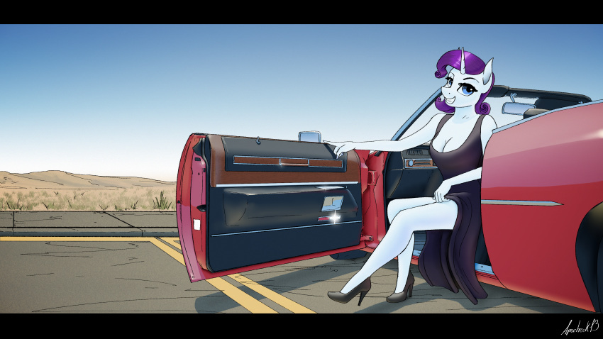 16:9 absurd_res anthro apocheck13 black_bars breasts car cleavage clothed clothing desert door_open dress equid equine female friendship_is_magic grass hasbro hi_res high_heels horn letterbox looking_at_viewer mammal my_little_pony parking_lot plant rarity_(mlp) smile smiling_at_viewer solo unicorn vehicle widescreen