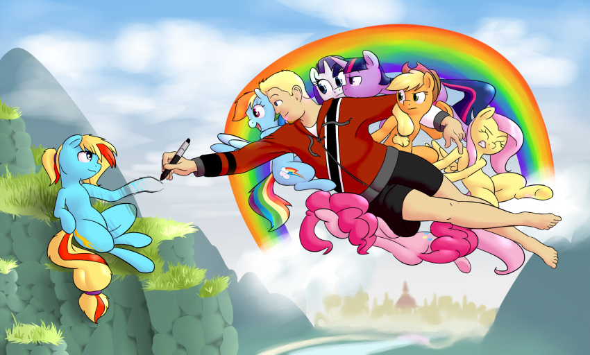 applejack_(mlp) blonde_hair bottomwear city cliff clothed clothing confusion drawing drawing_in_a_drawing earth_pony equid equine eye_contact facial_hair fan_character female feral floating fluttershy_(mlp) friendship_is_magic goatee grass group hair happy hat headgear headwear hi_res hoodie horn horse human inspired_by_formal_art looking_at_another male mammal mountain my_little_pony pegasus pen pinkie_pie_(mlp) plant pony pose rainbow rarity_(mlp) shorts sitting sky the_creation_of_adam topwear twilight_sparkle_(mlp) unicorn victoreach wings