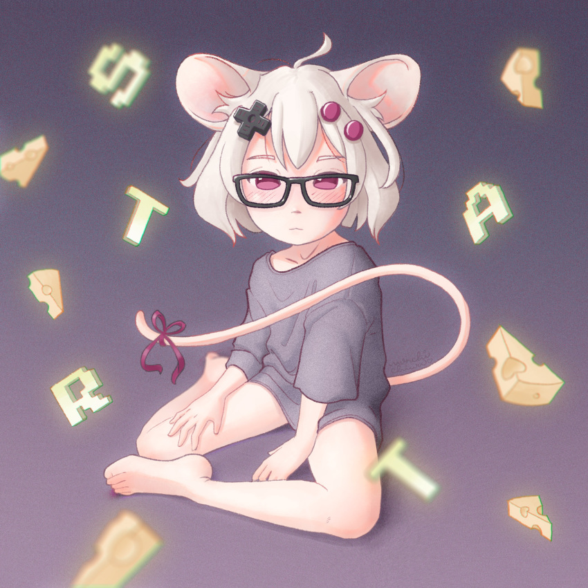 1:1 5_toes abstract_background accessory animal_humanoid barefoot blush bottomless child clothed clothing eyewear feet female furgonomics glasses hi_res humanoid mammal mammal_humanoid monchichiwa mouse_humanoid murid murid_humanoid murine murine_humanoid red_eyes ribbons rodent rodent_humanoid shirt signature sitting solo tail_accessory tail_ribbon toes topwear young