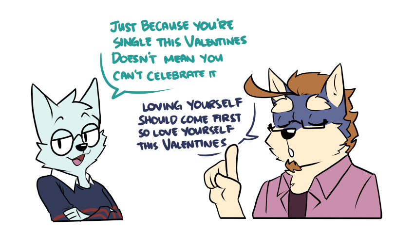 16:9 absurd_res anthro canid clothed clothing dialogue duo english_text eyes_closed eyewear facial_hair glasses hair hi_res holidays male mammal ookanyoufeelit simple_background text valentine's_day white_background widescreen