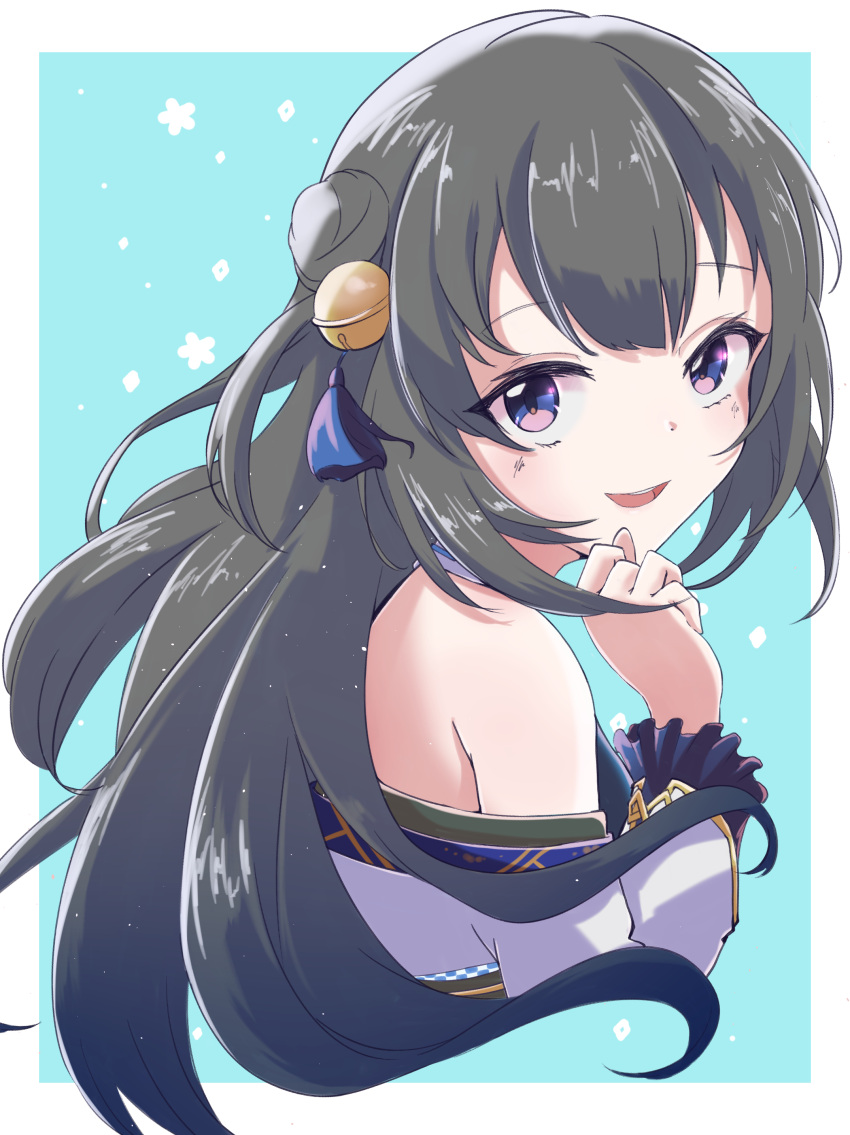 1girl :d absurdres bangs bare_shoulders bell black_hair blue_background blue_eyes cropped_torso double_bun from_side hair_bell hair_ornament hand_up highres hilamaru hololive japanese_clothes jingle_bell kimono long_hair long_sleeves looking_at_viewer looking_to_the_side nakiri_ayame off_shoulder smile solo two-tone_background two_side_up upper_body virtual_youtuber white_background white_kimono