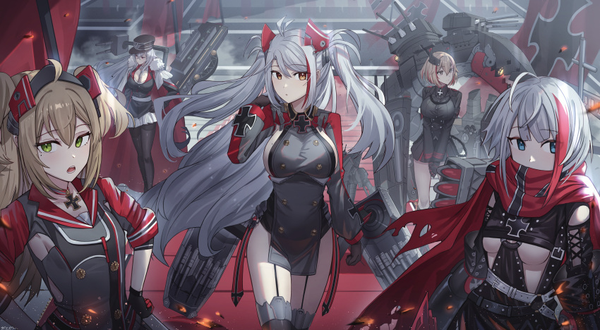 5girls absurdres admiral_graf_spee_(azur_lane) admiral_hipper_(azur_lane) ahoge azur_lane bangs blonde_hair blue_eyes breasts cape cleavage cross eyebrows_visible_through_hair fur_trim graf_zeppelin_(azur_lane) green_eyes hair_between_eyes hair_ornament hat highres iron_cross jewelry jeze large_breasts long_hair multicolored_hair multiple_girls necklace pantyhose peaked_cap pleated_skirt prinz_eugen_(azur_lane) red_eyes revealing_clothes roon_(azur_lane) scarf short_hair sideboob skirt streaked_hair thighhighs twintails underboob white_hair yellow_eyes