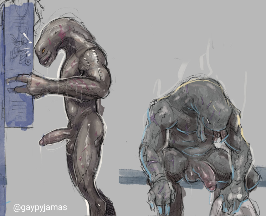 alien balls bodily_fluids duo erection foreskin gaypyjamas genital_fluids genitals halo_(series) hi_res humanoid_genitalia humanoid_penis locker_room looking_at_viewer male microsoft noticing nude penis precum sangheili scar sitting sketch standing video_games xbox_game_studios