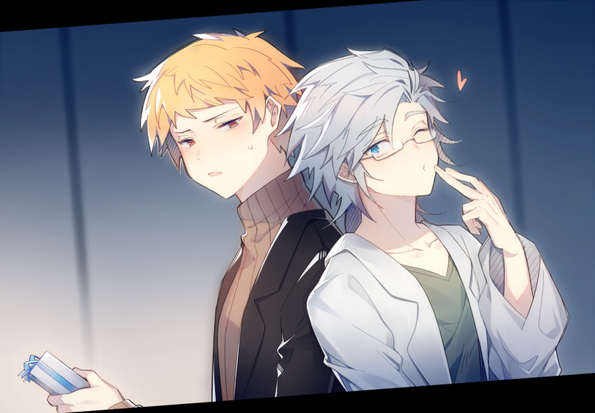 2boys atou_haruki black_jacket blonde_hair blowing_kiss blue_eyes blush brown_sweater chinese_commentary closed_mouth finger_to_face glasses green_shirt heart jacket kanou_aogu labcoat likearollingstar long_sleeves multiple_boys one_eye_closed open_clothes open_jacket open_labcoat open_mouth orange_eyes rectangular_eyewear ribbed_sweater saibou_shinkyoku shirt short_hair suit_jacket sweat sweater turtleneck turtleneck_sweater v-neck white_hair