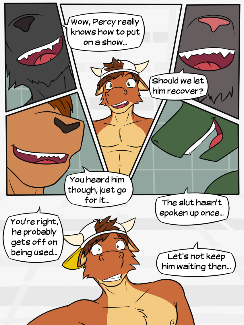 3:4 ambiguous_species anthro backwards_baseball_cap backwards_hat baseball_cap bovid bovine cattle clothing comic dialogue english_text fuze group hat headgear headwear hi_res male male/male mammal nipples scared texnatsu text ty_conrad