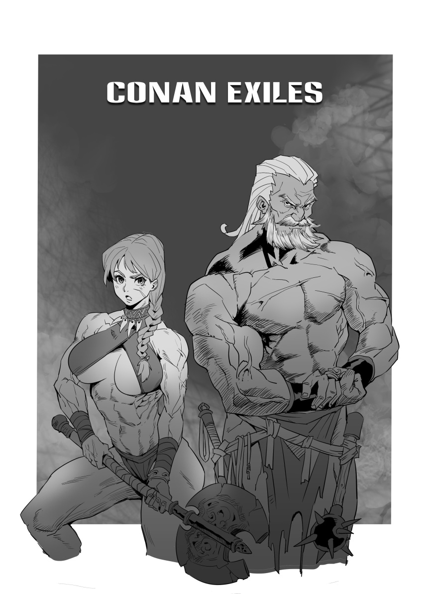 1boy 1girl absurdres axe beard bracer braid braided_ponytail collar conan_exiles conan_the_barbarian facial_hair flexing greyscale highres jewelry loincloth long_hair mace monochrome muscular muscular_female muscular_male necklace old old_man pose rmulderz scar scar_on_cheek scar_on_face sword weapon