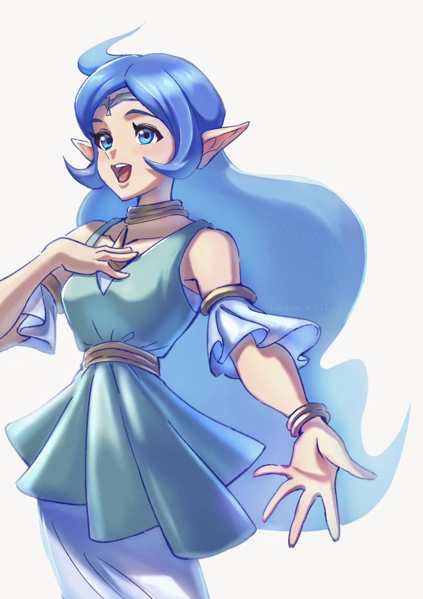 1girl absurdres armlet blue_dress blue_eyes blue_hair bracelet dress hand_on_own_chest highres jewelry long_hair music nayru open_mouth pointy_ears singing takapon-o-ji the_legend_of_zelda the_legend_of_zelda:_oracle_of_ages very_long_hair