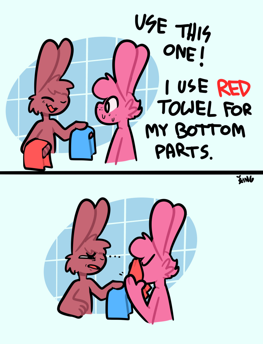 absurd_res anthro disgust english_text hi_res humor lagomorph leporid long_ears male male/male mammal meme rabbit shower_room sniffing sniffing_clothes text the_xing1 towel