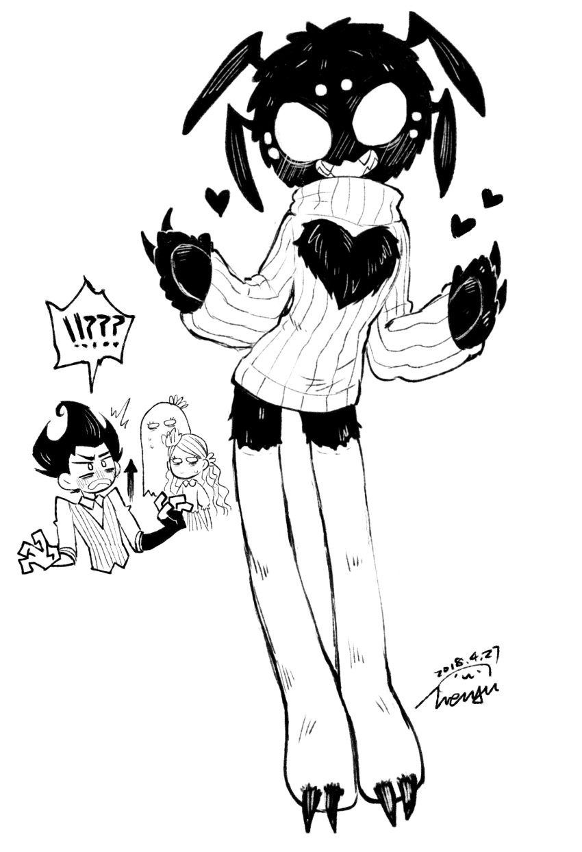 &lt;3 2_fingers 2_toes 8_eyes absurd_res ambiguous_gender anthro arachnid arthropod black_body black_fur blush bottomless chest_tuft claws cleavage_cutout clothed clothing don't_starve feet fingers fur hi_res insect klei_entertainment legwear looking_at_viewer meme monochrome multi_eye sharp_teeth simple_background solo spider spread_arms standing sweater teeth toes topwear tuft video_games webber wenyu white_background white_clothing