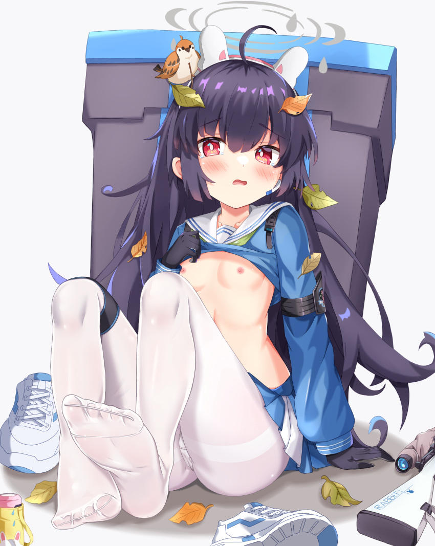 1girl absurdres animal_ears bangs blue_archive breasts clothes_lift fake_animal_ears feet full_body gun halo headband highres holding knee_pads leaf leaf_on_head lifted_by_self long_hair long_sleeves miyu_(blue_archive) nipples no_shoes pantyhose rabbit_ears rifle sailor_collar school_uniform serafuku shirt_lift shoes shoes_removed single_knee_pad sitting small_breasts sneakers soles solo thighband_pantyhose trash_can weapon white_footwear white_legwear yuki_kokoro