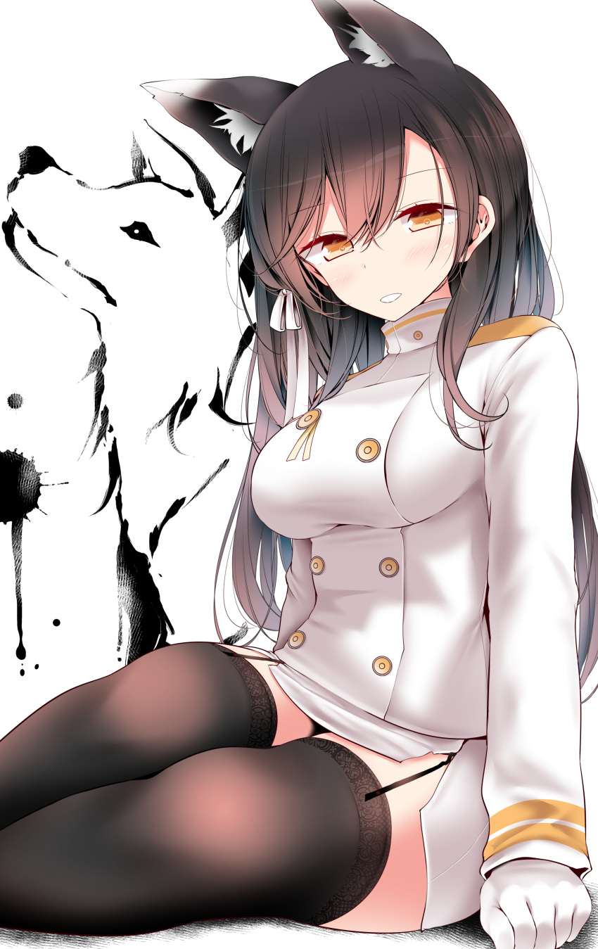 1girl absurdres animal_ear_fluff animal_ears arms_at_sides atago_(azur_lane) azur_lane bangs black_hair black_legwear blush breasts brown_eyes buttons dog double-breasted eyebrows_visible_through_hair garter_straps gloves gold_trim hair_ribbon highres husky impossible_clothes long_hair long_sleeves looking_at_viewer medium_breasts military military_uniform monochrome_background oouso paint_splatter parted_lips ribbon simple_background sitting skirt solo swept_bangs thighhighs uniform white_background white_gloves white_ribbon white_skirt wolf_ears yokozuwari zettai_ryouiki