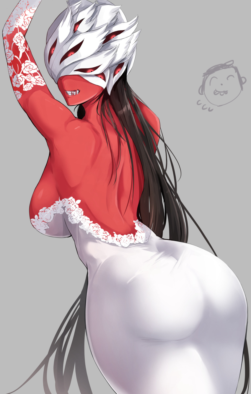 1girl ass bare_shoulders beatrice_(blue_archive) black_hair blue_archive breasts colored_skin dress extra_eyes from_behind grey_background highres large_breasts long_hair looking_at_viewer looking_back red_skin simple_background smile solo teeth tyamurai33 white_dress