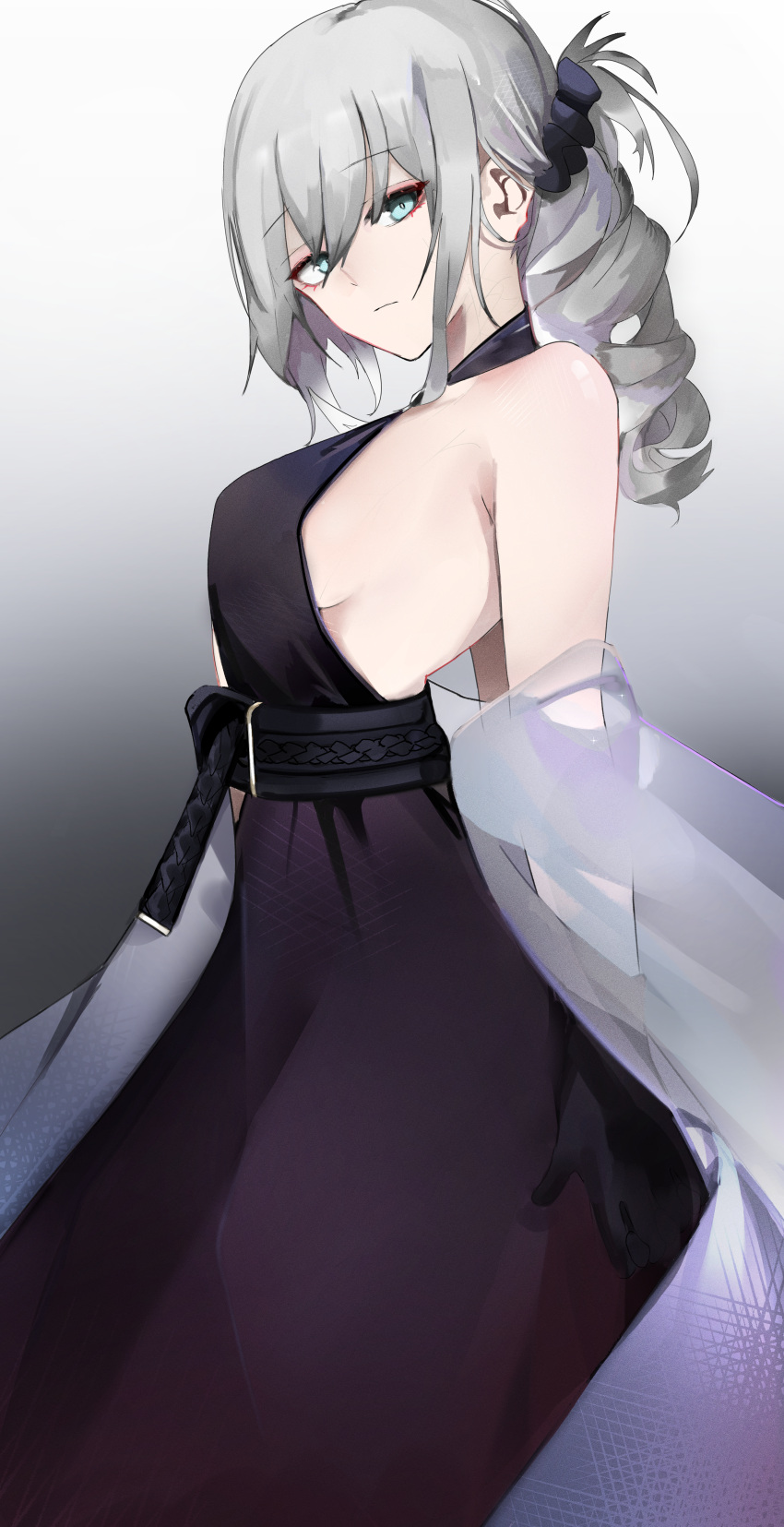 1girl absurdres an-94_(girls'_frontline) an-94_(silent_rouge)_(girls'_frontline) aqua_eyes arms_behind_back bangs belt black_belt black_dress breasts closed_mouth dress drill_ponytail eyebrows_visible_through_hair from_side girls'_frontline grey_background grey_hair hair_ornament hairclip highres long_hair looking_at_viewer official_alternate_costume pz-15 sideboob small_breasts solo standing veil