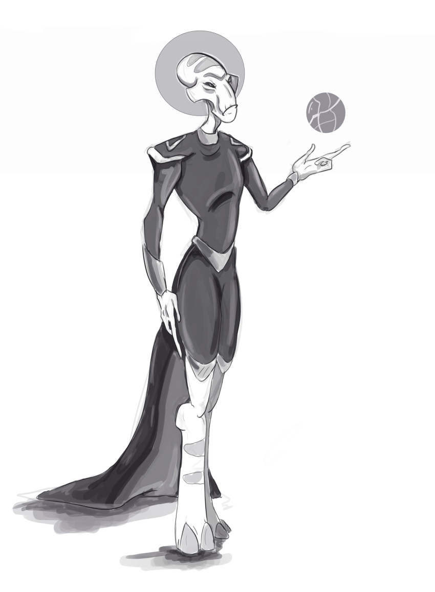 2015 3_fingers absurd_res alien alien_humanoid cape clothed clothing disney eyebrows facial_markings female fingers forehead_markings grand_councilwoman greyscale head_markings hi_res humanoid leg_markings lilo_and_stitch markings monochrome not_furry orb simple_background solo standing thesphinxden unibrow white_background