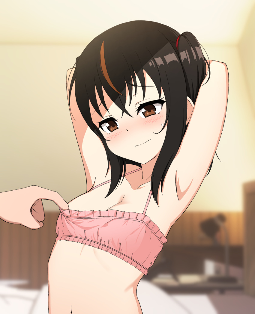 1girl armpits arms_behind_head arms_up blush bra breasts brown_eyes brown_hair cleavage closed_mouth highres nanju_bami navel original pink_bra small_breasts sweatdrop twintails underwear upper_body