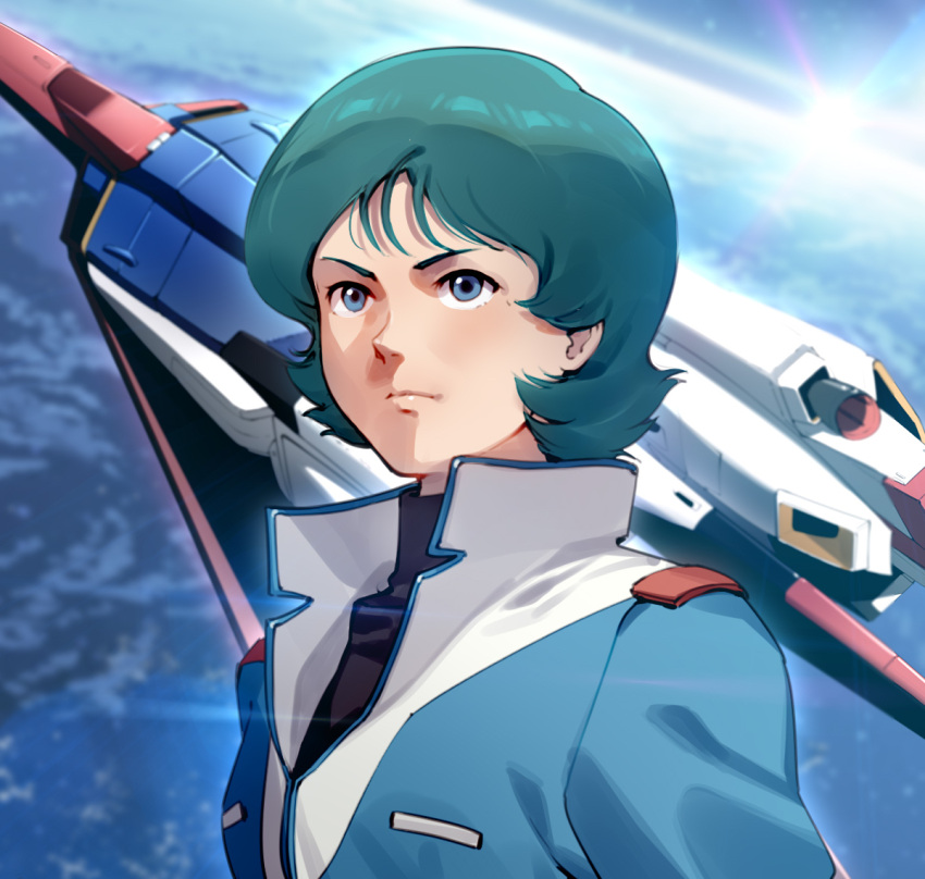 1boy alternate_form blue_eyes blue_hair commentary dark_green_hair earth_(planet) gundam kamille_bidan male_focus mecha military military_uniform mobile_suit pilot_suit planet science_fiction short_hair taro_(ultrataro) thrusters uniform upper_body zeta_gundam zeta_gundam_(mobile_suit)