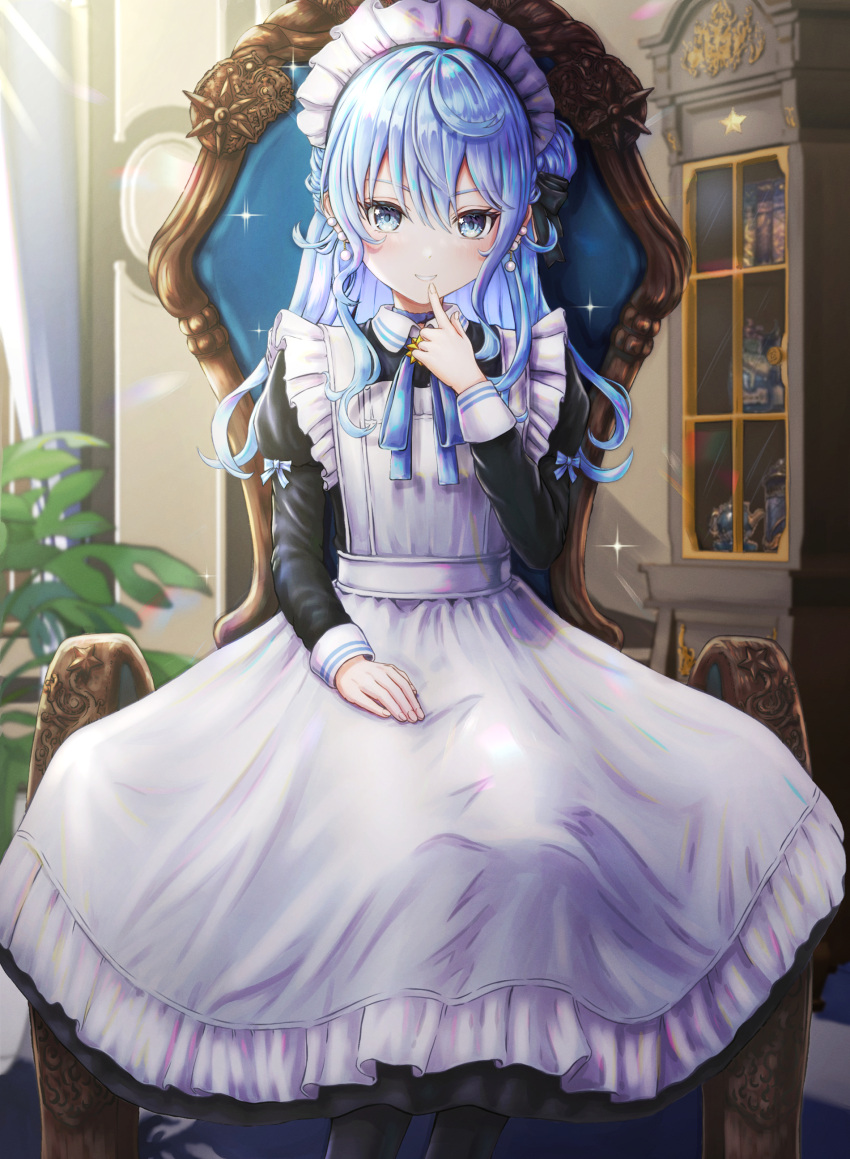 1girl absurdres apron black_dress blue_eyes blue_hair blue_ribbon blush commentary_request dress earrings finger_to_mouth finger_to_own_chin fingernails hand_on_own_thigh highres hololive hoshimachi_suisei jewelry juliet_sleeves long_dress long_hair long_sleeves looking_at_viewer maid maid_apron maid_headdress neck_ribbon on_chair portrait puffy_sleeves revision ribbon side_bun sitting smile solo star_(symbol) star_in_eye symbol_in_eye victorian_maid virtual_youtuber wajuniorbox white_apron