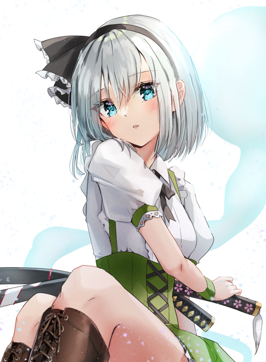 1girl adapted_costume bangs black_footwear black_hairband black_ribbon blue_eyes blush boots breasts brown_footwear corset cross-laced_footwear eyebrows_visible_through_hair feet_out_of_frame green_skirt hair_between_eyes hair_ribbon hairband highres hitodama katana konpaku_youmu konpaku_youmu_(ghost) lace-up_boots looking_at_viewer miniskirt puffy_short_sleeves puffy_sleeves ribbon sheath sheathed shironeko_yuuki shirt short_hair short_sleeves sitting skirt solo sword thighs touhou twisted_torso vest weapon white_background white_shirt