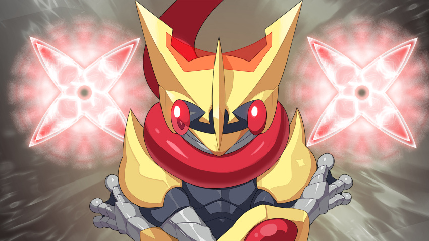 armor black_bodysuit bodysuit commentary_request crossed_arms drunkoak energy_ball english_commentary greninja half-closed_eyes hands_up helmet highres korean_commentary looking_at_viewer mixed-language_commentary partial_commentary pokemon pokemon_(creature) red_eyes shoulder_armor shoulder_spikes spikes straight-on upper_body