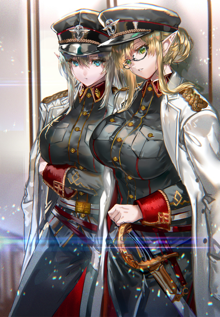 2girls bangs black_headwear blonde_hair blue_eyes breasts closed_mouth coat elf eyebrows_visible_through_hair glasses green_eyes grey_hair hat highres large_breasts long_hair long_sleeves looking_at_viewer military military_hat military_uniform multiple_girls original parted_lips pointy_ears ran'ou_(tamago_no_kimi) sword uniform weapon white_coat