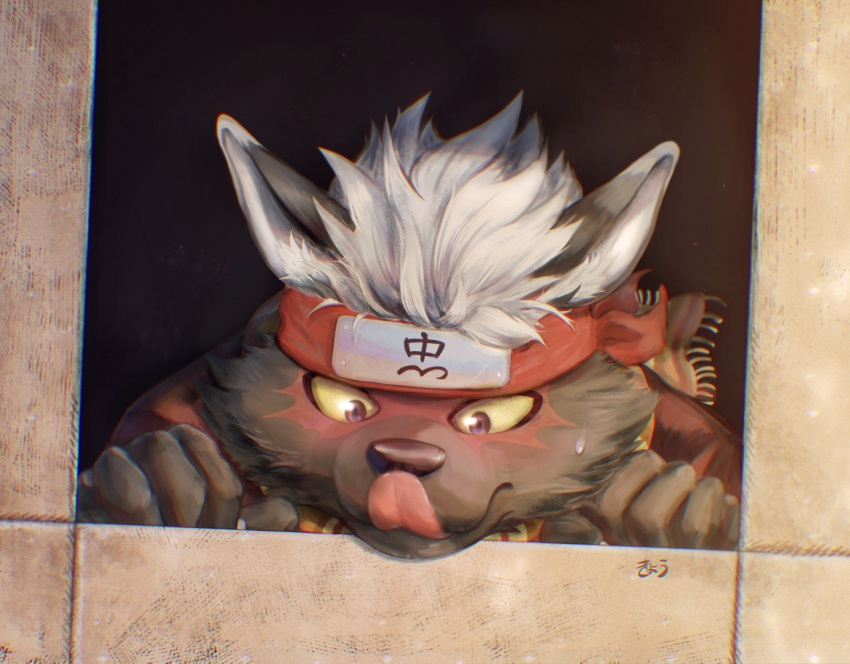 accessory anthro black_body black_fur blush bodily_fluids canid canine canis domestic_dog fur hair headband hungry licking licking_lips lifewonders male mammal pinestrain scar solo sweat tadatomo tokyo_afterschool_summoners tongue tongue_out video_games white_hair yellow_sclera