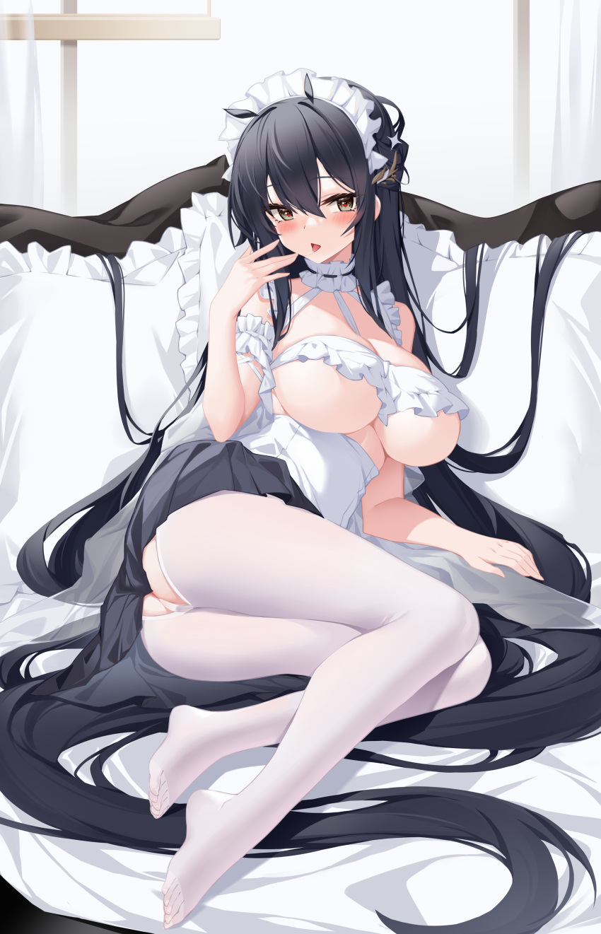 1girl absurdly_long_hair absurdres ass azur_lane between_breasts black_hair black_skirt blush breasts brown_eyes cameltoe crotchless crotchless_pantyhose eyebrows_visible_through_hair feet full_body hair_ornament hand_up heart heart_in_eye highres indomitable_(azur_lane) large_breasts long_hair looking_at_viewer lying maid maid_headdress miniskirt no_shoes on_side open_mouth panties pantyhose pillow pleated_skirt saliva saliva_trail shirt skirt solo symbol_in_eye tongue tongue_out underboob underwear very_long_hair white_legwear white_panties white_shirt yuxian_youka