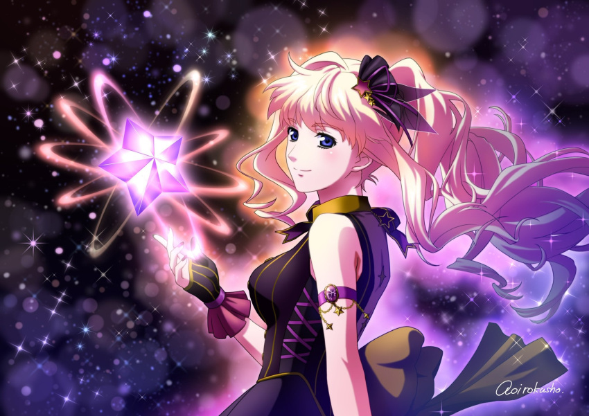 1girl aoi_rokushou artist_name bangs bare_shoulders blonde_hair blue_eyes breasts fingerless_gloves gloves hair_ornament high_ponytail highres large_breasts long_hair macross macross_frontier nail_polish sheryl_nome sidelocks sleeveless smile solo star_(symbol) uta_macross_sumaho_deculture