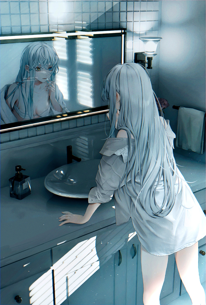 1girl absurdres applying_makeup artist_name bathroom blue_eyes bra breasts cabinet cleavage commentary english_commentary eyelashes feet_out_of_frame film_grain grey_hair grey_theme heterochromia highres indoors lip_balm long_hair medium_breasts mirror nekoyama_iori open_clothes open_shirt original serious shirt sink soap_dispenser tile_wall tiles towel towel_rack twitter_username underwear white_bra white_shirt yellow_eyes