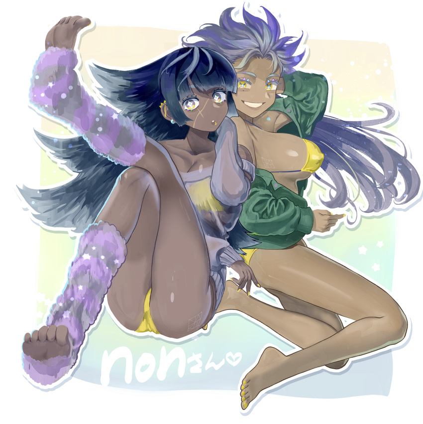 +_+ 2girls bikini black_hair breasts commission covered_nipples dark_skin ear_piercing highres jacket large_breasts leg_warmers lip_piercing long_hair looking_at_viewer mole mole_under_eye multiple_girls nail_polish naki_(nakiknt) original piercing purple_hair scar scar_on_face skeb_commission smile sparkling_eyes sweater swimsuit symbol-shaped_pupils x_x yellow_eyes