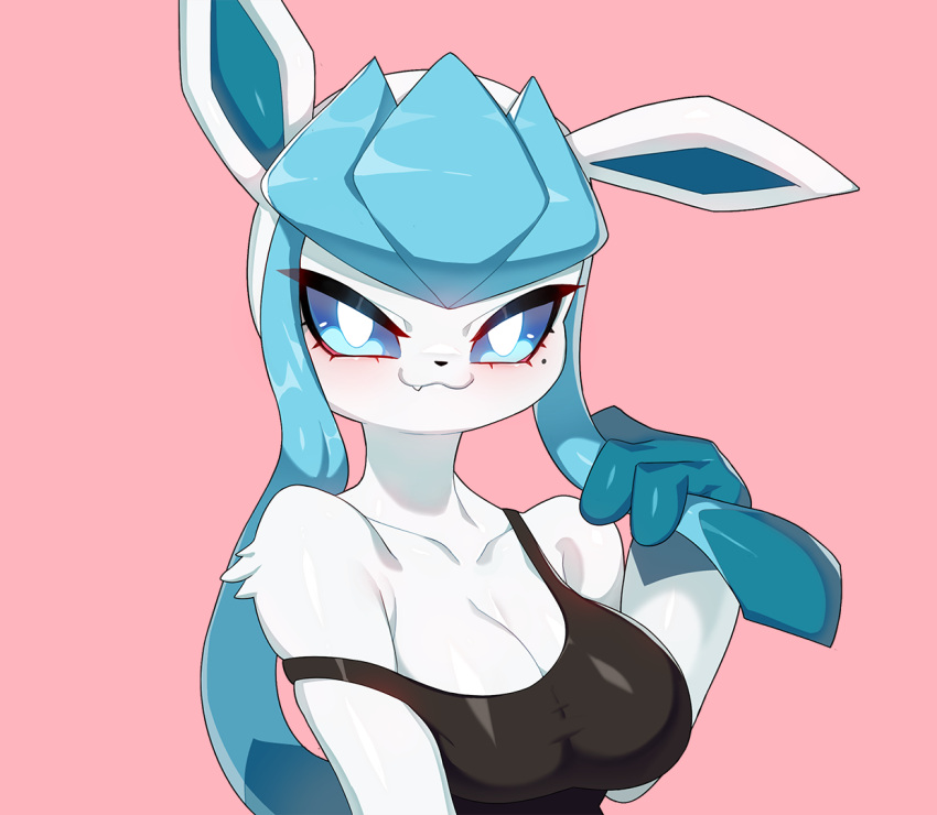 2022 anthro black_clothing black_topwear blue_body blue_ears blue_sclera breasts cleavage clothed clothing collarbone drunk_oak eeveelution female fur glaceon light_body light_fur looking_at_viewer nintendo pok&eacute;mon pok&eacute;mon_(species) solo teeth topwear video_games