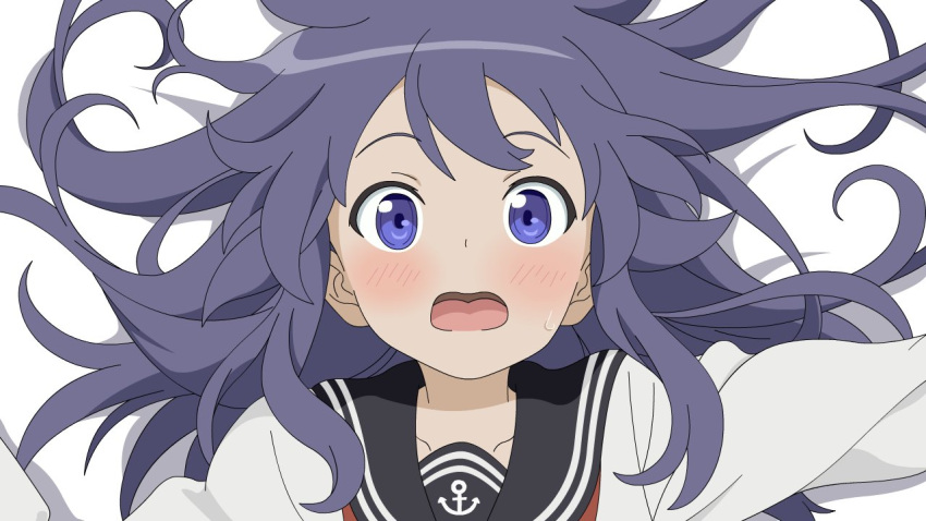 1girl :o akatsuki_(kancolle) anchor_symbol blush close-up commentary_request kantai_collection long_hair looking_at_viewer lying on_back purple_eyes purple_hair sailor_collar school_uniform serafuku solo sugapi