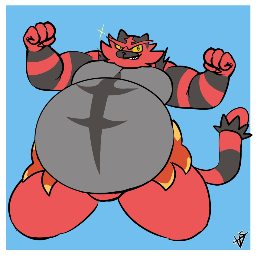 4_fingers anthro belly big_belly black_stripes blue_background claws eyebrows fingers fist flexing fur green_eyes grey_belly grey_chest hi_res incineroar looking_at_viewer male markings musclegut muscular muscular_anthro muscular_male narrowed_eyes nintendo overweight overweight_anthro overweight_male pecs pok&eacute;mon pok&eacute;mon_(species) red_body red_fur red_nose simple_background solo sparkles striped_markings striped_tail stripes tail_markings teeth thick_thighs thigh_up v1sage video_games yellow_sclera